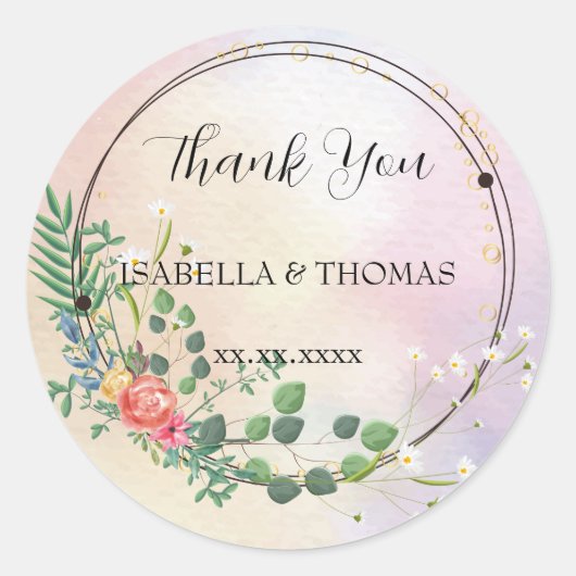 Elegante pastel bloemen Bedankt Trouwfeest Ronde Sticker (Voorkant)