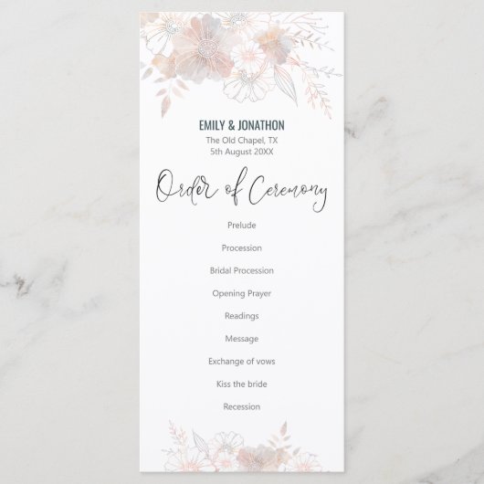 Elegante Pastel Bloemen Blush Grijs Script Bruilof Programmakaart (Voorkant)