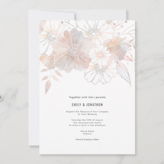 Elegante Pastel Bloemen Blush Peach Grey Bruiloft Kaart (Voorkant)