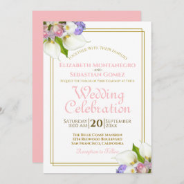 Elegante Pastel Bloemen Goud en Roze Bruiloft Kaart