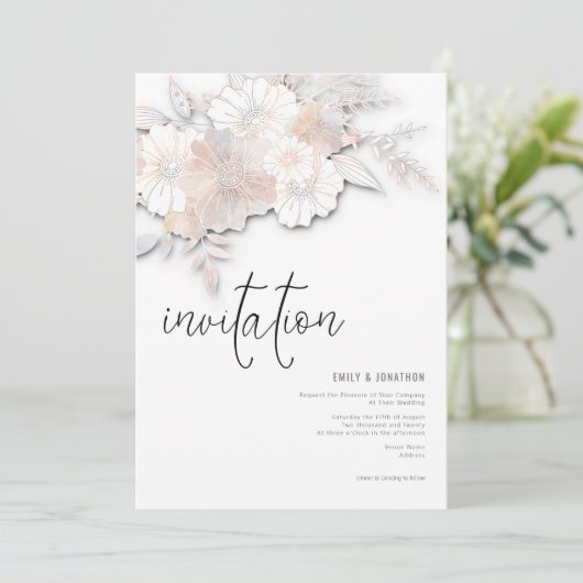 Elegante Pastel Bloemen Peach Blush Grijs Bruiloft Kaart (Staand voorkant)