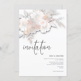 Elegante Pastel Bloemen Peach Blush Grijs Bruiloft Kaart