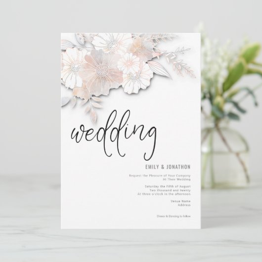 Elegante Pastel Bloemen Peach Blush Grijs Bruiloft Kaart (Staand voorkant)