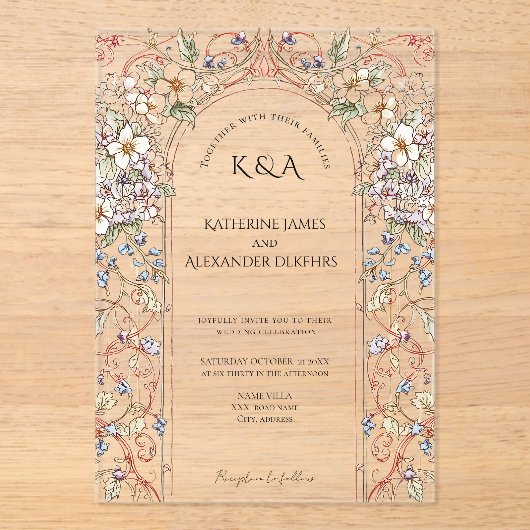 Elegante Pastel Bloemenboog bruiloft Acryl Uitnodigingen (Voorkant)