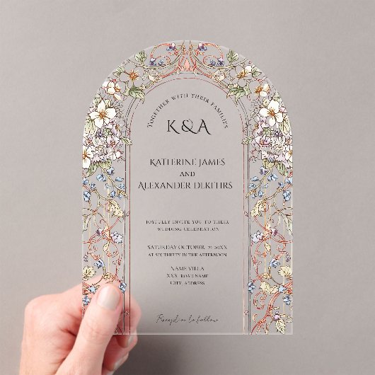 Elegante Pastel  Bloemenboog bruiloft Acryl Uitnodigingen (Insitu (Draagbaar))