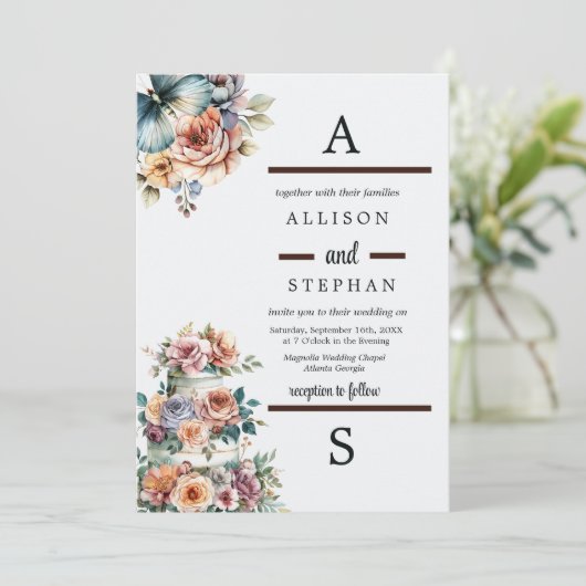 Elegante pastel bloemenbruiloft taart kaart (Staand voorkant)