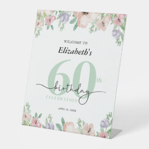 Elegante Pastel Bloemende 60e Verjaardagsfeest Ver Reclamebord Met Voetstuk