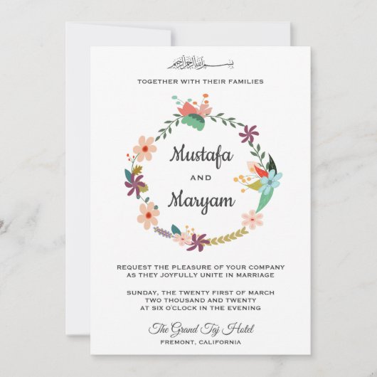 Elegante pastel bloemenkrans islamitische bruiloft kaart (Voorkant)