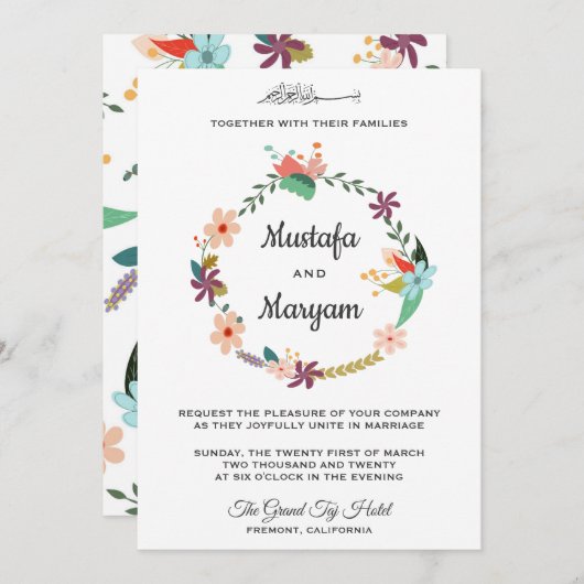 Elegante pastel bloemenkrans islamitische bruiloft kaart (Voorkant / Achterkant)
