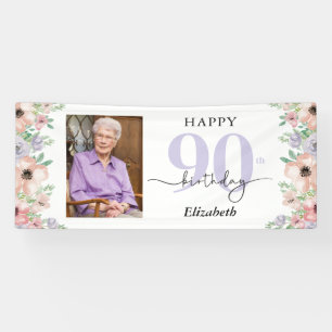 Elegante Pastel Bloemige 90ste Verjaardagsfeest Fo Spandoek