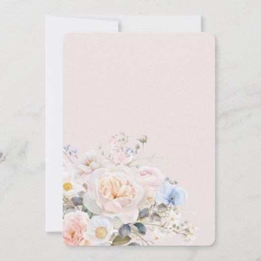 Elegante Pastel Blush Wit Blauw Bloemen Huwelijk Kaart (Achterkant)