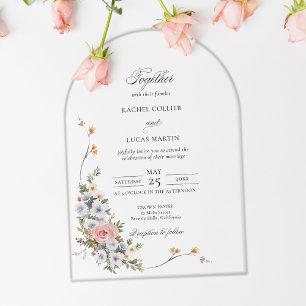 Elegante Pastel Boho Bloemboog Calligrafie Acryl Uitnodigingen