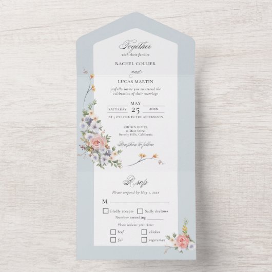 Elegante pastel Boho bloemkalligrafie All In One Uitnodiging (Binnen)