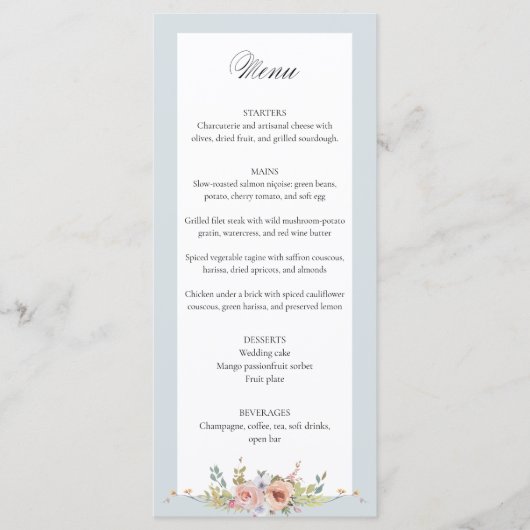Elegante pastel Boho bloemkalligrafie Menu (Voorkant)
