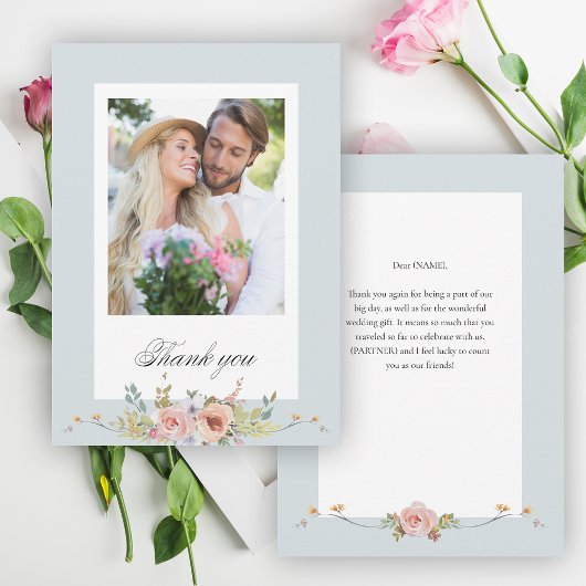 Elegante Pastel Boho Floral Kalligrafie/Foto Bedankkaart