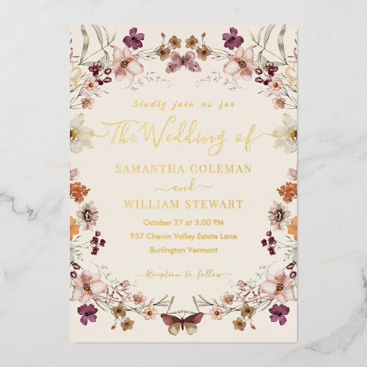 Elegante Pastel Boho Wilde Bloem Moderne Trouw Folie Uitnodiging (Voorkant)