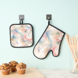Elegante Pastel Botanische Waterverf Ovenwant & Pannenlap Set