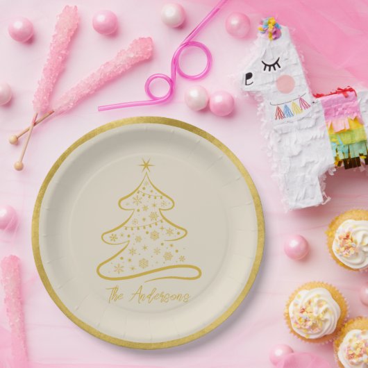 Elegante Pastel Botten Beige Gouden Kerstboom Papieren Bordje (Feest)
