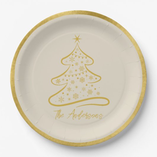 Elegante Pastel Botten Beige Gouden Kerstboom Papieren Bordje (Voorkant)