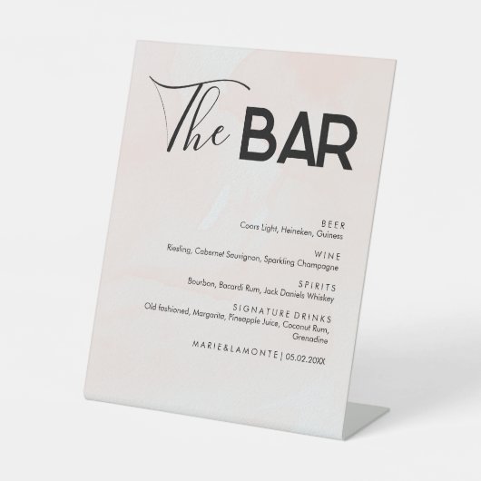 Elegante Pastel Bruiloft Drinken Bar Menu Reclamebord Met Voetstuk (Voorkant)