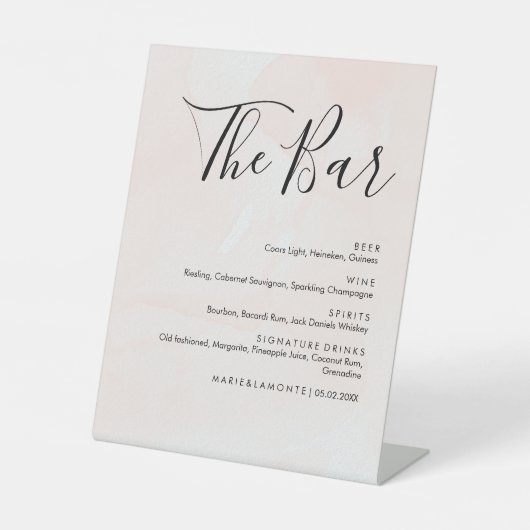 Elegante Pastel Bruiloft Drinken Bar Menu Reclamebord Met Voetstuk (Voorkant)