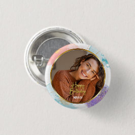 Elegante Pastel en Gouden Script Foto Naam Verjaar Ronde Button 3,2 Cm