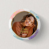 Elegante Pastel en Gouden Script Foto Naam Verjaar Ronde Button 3,2 Cm (Voorkant)