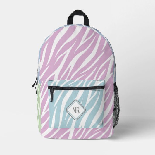 Elegante Pastel En Witte Zebraprint Met Monogram Bedrukte Rugzak (Voorkant)