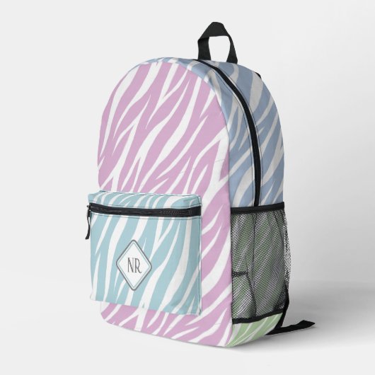 Elegante Pastel En Witte Zebraprint Met Monogram Bedrukte Rugzak (Achterkant Hoek Rechts)