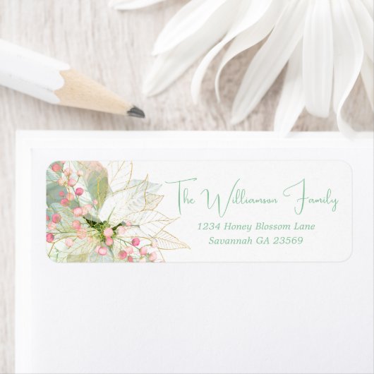 Elegante pastel gouden poinsettia vakantie terug etiket (Insitu)