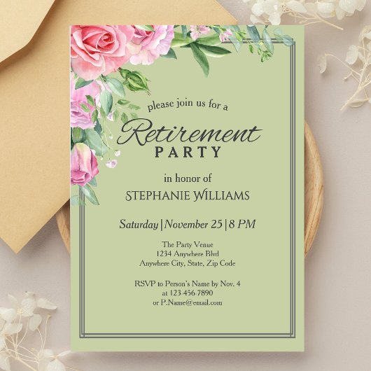 Elegante Pastel Green Flower Retirement Party Kaart
