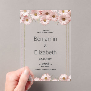 Elegante pastel grijs roze goud daisy bloemenbruil acryl uitnodigingen