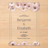 Elegante pastel grijs roze goud daisy bloemenbruil acryl uitnodigingen (Voorkant)