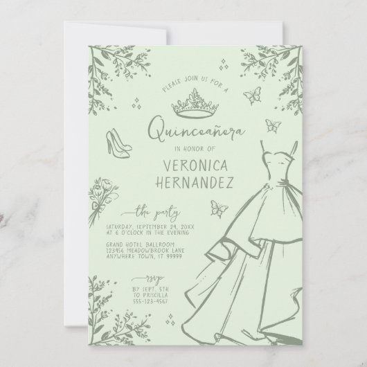 Elegante pastel groene salie Quinceanera uitnodigi Kaart (Voorkant)
