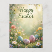 Elegante Pastel Happy Easter met bloemen en eieren Briefkaart (Voorkant)