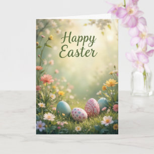 Elegante Pastel Happy Easter met bloemen en eieren Kaart