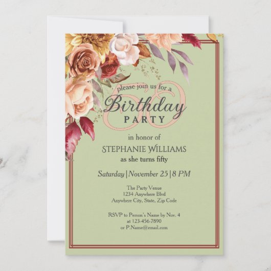 Elegante pastel herfstbloem 50e verjaardagsfeest kaart (Voorkant)