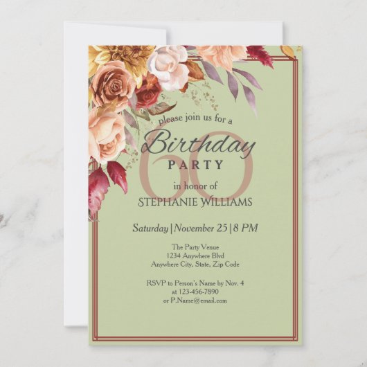 Elegante pastel herfstbloem 60e verjaardagsfeest kaart (Voorkant)