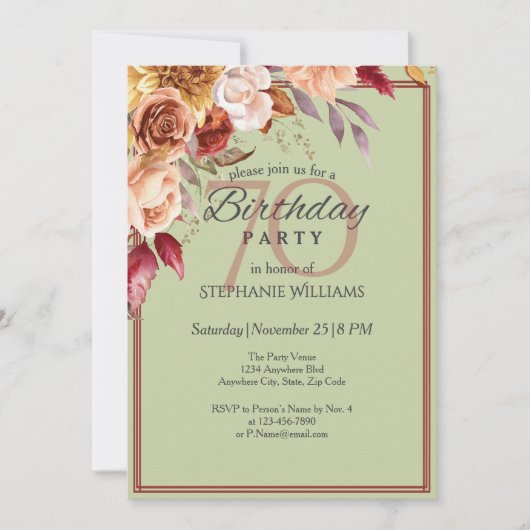 Elegante pastel herfstbloem 70e verjaardagsfeest kaart (Voorkant)