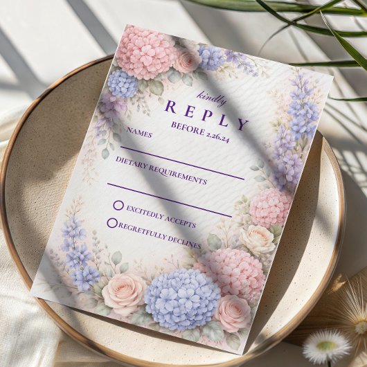 Elegante Pastel Hydrangea Bloemige Bruiloft RSVP Kaartje