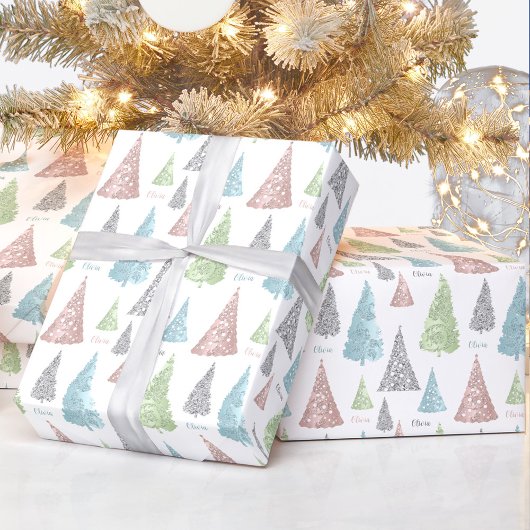 Elegante Pastel Kerstboom naam Cadeaupapier