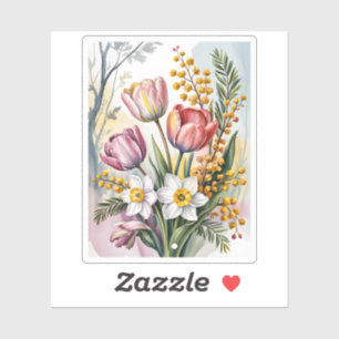 Elegante Pastel Lente Boeket Tulpen Narcissen Sticker