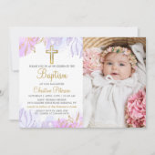 Elegante pastel Paarse gouden bloemendoop foto Kaart (Voorkant)