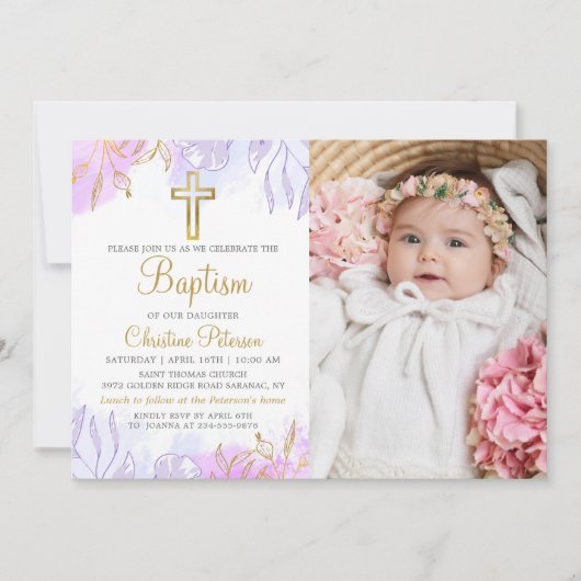 Elegante pastel Paarse gouden bloemendoop foto Kaart (Voorkant)