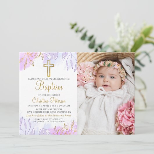 Elegante pastel Paarse gouden bloemendoop foto Kaart (Staand voorkant)