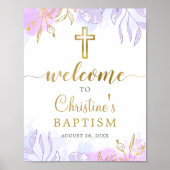 Elegante Pastel Paarse Gouden Bloemendoop Welkom Poster (Voorkant)