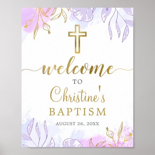 Elegante Pastel Paarse Gouden Bloemendoop Welkom Poster (Voorkant)