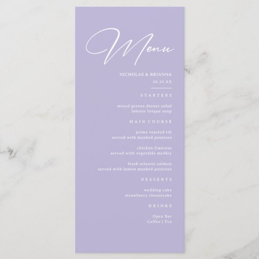 Elegante pastel Paarse lavendel bruiloft Menu (Voorkant)