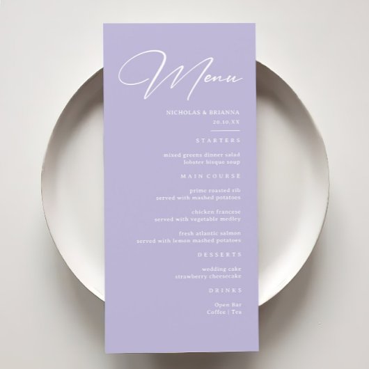 Elegante pastel Paarse lavendel bruiloft Menu