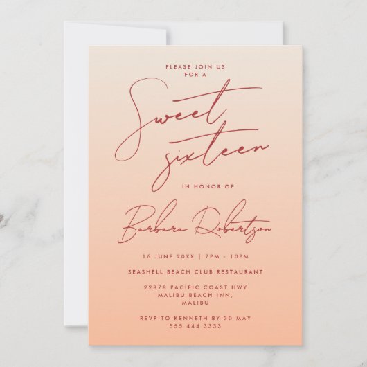 Elegante Pastel Peach Ombre script Sweet Sixteen Kaart (Voorkant)